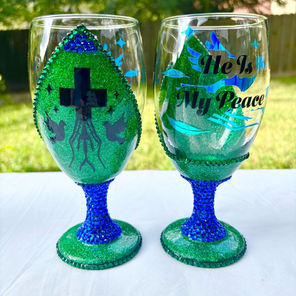 Inspirational He Is My Peace Elegant Water Drinking Glasses Set Of 2 Green 16oz